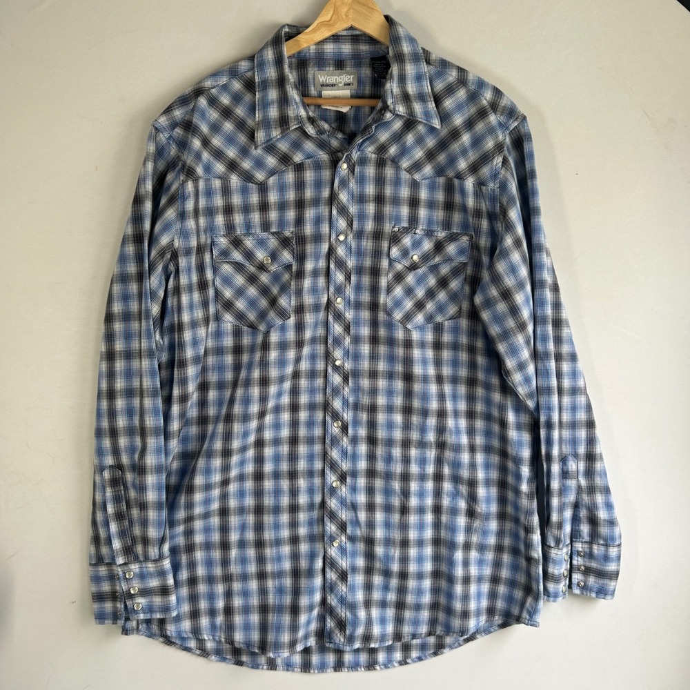 Wrangler‎ Wrancher Mens XLT Blue Plaid Western Pearl Snap Long Sleeve Shirt Tall